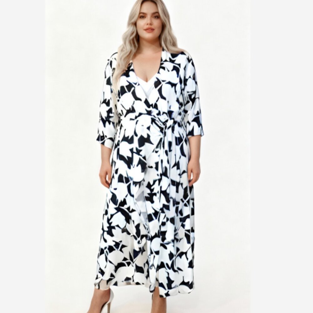 Cato Wrap Dress Women’s 22/24 Petite Black White Floral V-Neck Stretch Pockets